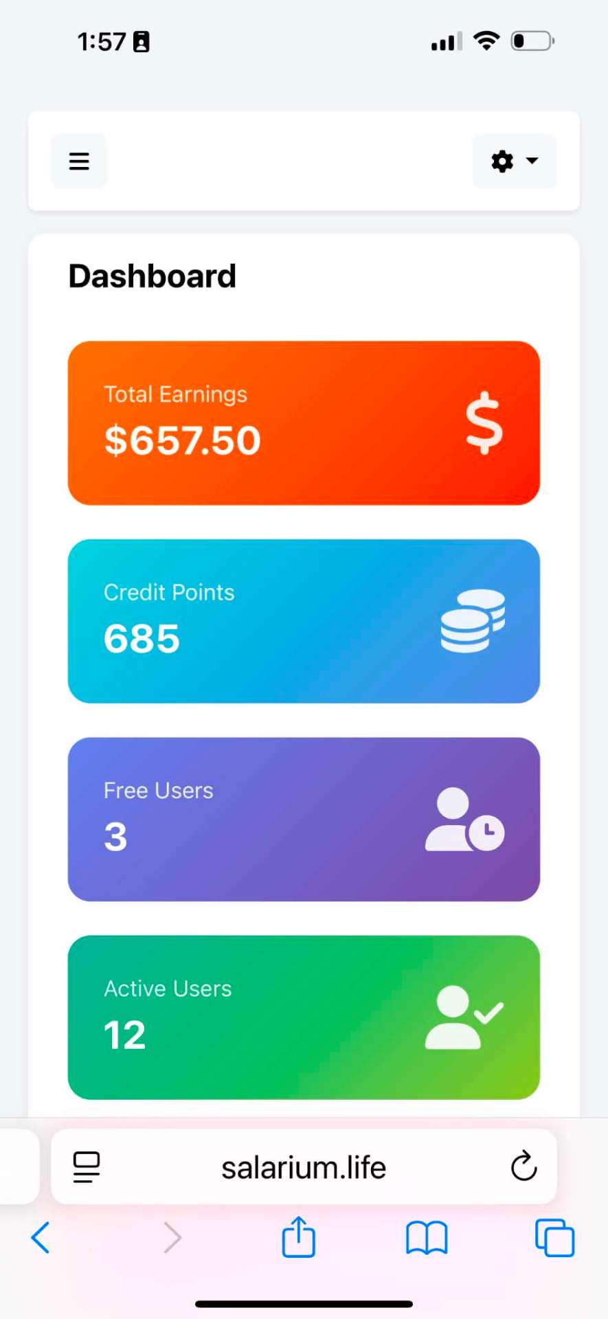 Earnings dashboard showing total earnings of $657.50 on Day 1